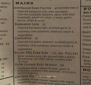 australian dinner, kangaroo and crocodile meat menu